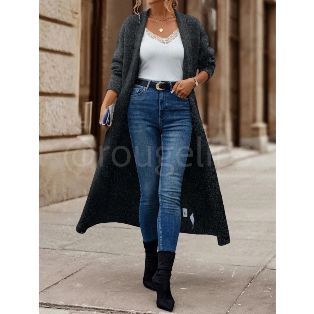 Charcoal Grey Duster Shawl Cardigan Knit Long Open Long Sleeve - Picture 4 of 9